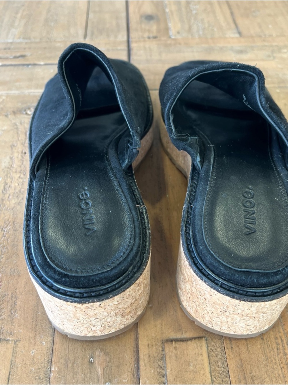 VINCE Women's Maddy Sandal Size 7.5 Block Heel Mule Cork Platfrom Black Suede - Picture 8 of 12